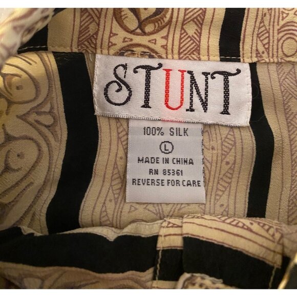 Stunt Silk Blouse Button Front Black & Tan Stripes Swirl Print Large - Picture 3 of 8